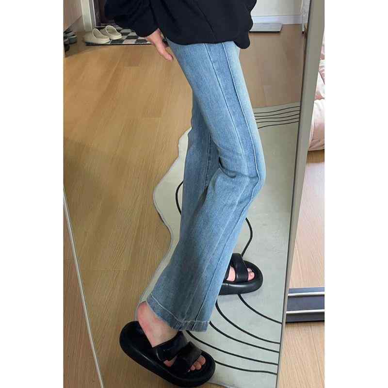 デニムパンツ レディース 微喇 ジーンズ ジーパン ボトムス ズボン ハイウエスト 伸縮性 弾力性 ストレッチ 脚長 美脚 華奢見え スッキリ 9分丈 ベルボトム ブーツカット スリット 小さいサイズ カジュアル