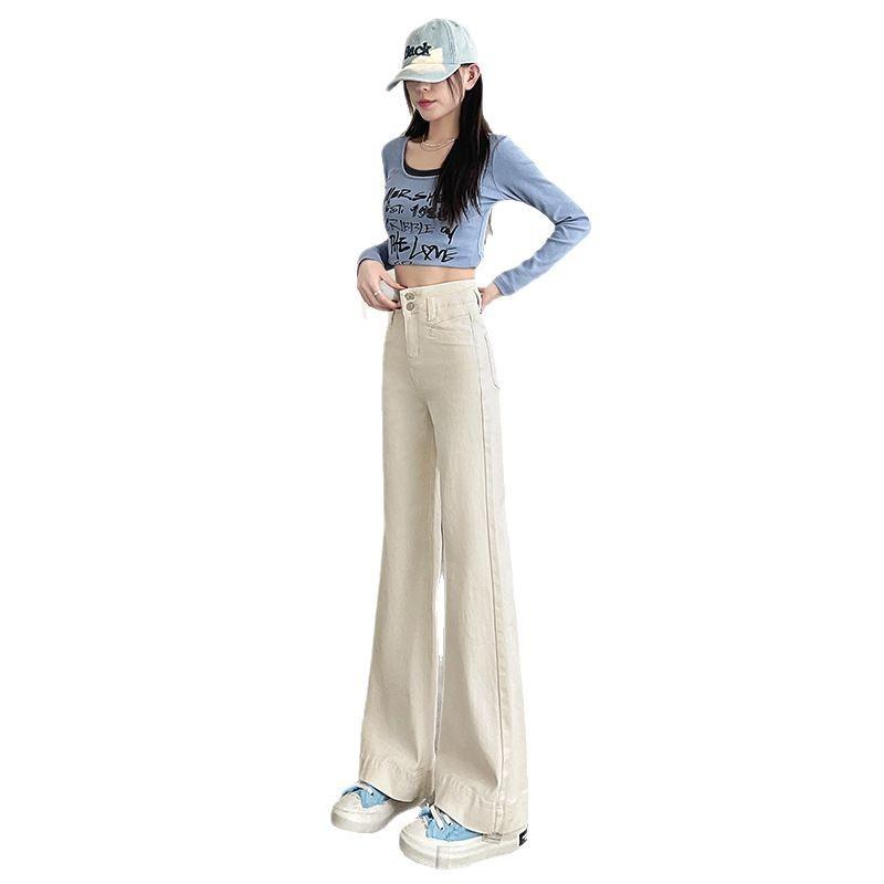 Rakuten - デニムパンツ レディース ジーパン ジーンズ ロングパンツ ズボン ボトムス ハイウエスト 美脚 脚長 細見え お腹カバー ワイドパンツ バギーパンツ フレアパンツ アイボリー デニムブルー 綿 コットン 春 夏 秋 冬 通勤 通学 普段使い オフィス