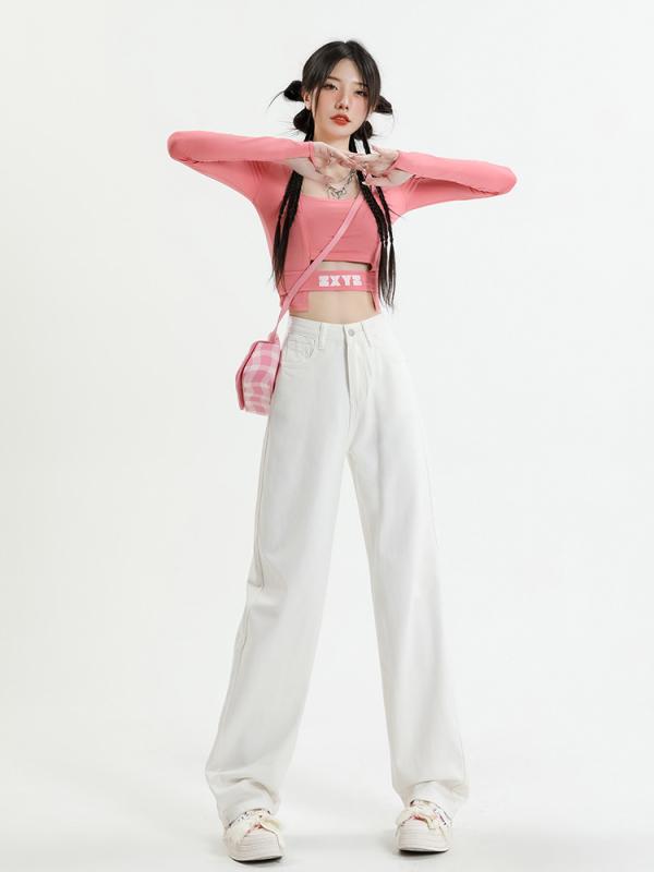 乐天商城 - ジーンズ レディース デニムパンツ ジーパン 長ズボン ボトムス ハイウエスト スリム ストレート 細身 美脚 着痩せ ゆったり ワイド 落ち感 ドレープ ロング丈 九分丈 コットン 綿 混 ポリエステル 無地 白 ホワイト ポケット カジュアル フェミ