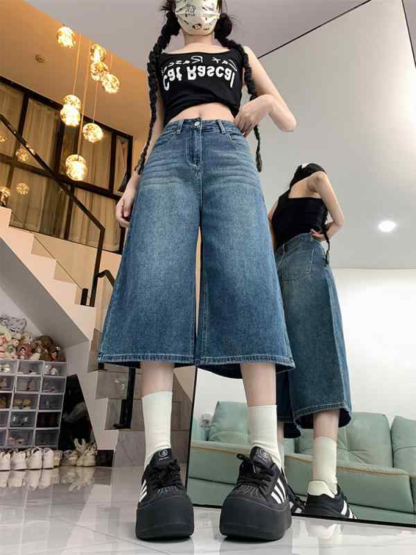 Rakuten - デニムパンツ レディース 七分パンツ ジーンズ ハーフパンツ ジーパン クロップドパンツ ボトムス 高腰 ハイウエスト アメリカン ヴィンテージ風 レトロ カジュアル ストリート 通勤 オフィス 切り替え 薄手 ポケット 深藍 浅藍 コットン 綿