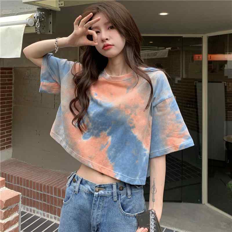 Rakuten - Tシャツ レディース 春夏 タイダイ 半袖 カットソー トップス ショート丈 クロップド丈 へそ出し 襟付き 襟 プルオーバー ゆったり ルーズ カジュアル 御姐風 普段使い デイリー グリーン オレンジ パープル