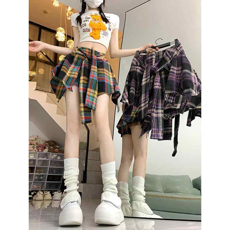 樂天商城 - スカート レディース インナーパンツ付き キュロットスカート ショートパンツ ミニスカート チェック柄 格子柄 Aライン アシンメトリー ハイウエスト ボトムス カジュアル ストリート ジャズダンス 衣装 黄色 紫 普段使い 通勤用