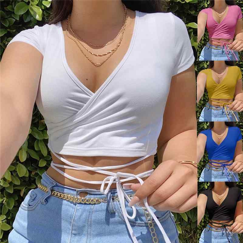 樂天商城 - Tシャツ レディース カットソー トップス 半袖 Vネック ショート丈 クロップド丈 リボン 紐付き 切り替え 接触冷感 再生繊維 ストレッチ 伸縮性 無地 タイト 細身 セクシー ギャル風 ストリート系 カジュアル ブラック 黄 ピンク 白 青 春夏