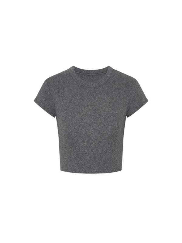 Tシャツ レディース 半袖 カットソー トップス クルーネック 丸首 クロップド丈 ショート丈 ショートトップス スリム タイト 無地 モダール レーヨン ポリエステル ストレッチ 伸縮性 切り替え カジュアル 通勤 オフィス ブラック ホワイト レッド