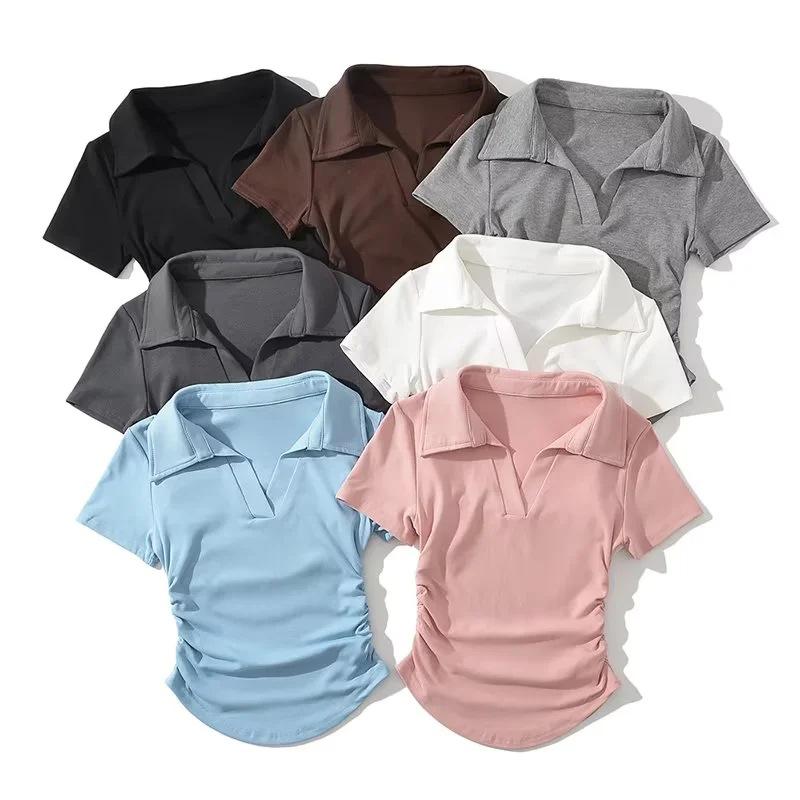 乐天商城 - Tシャツ レディース 半袖 トップス 襟付き プルオーバー Vネック ショート丈 へそ出し スリム フィット タイト ギャザー シャーリング 無地 綿 伸縮性 ストレッチ カジュアル ストリート セクシー 春夏 白 黒 ピンク