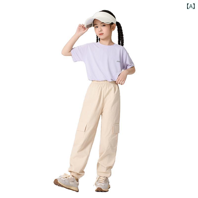 リメイクバディーのカジュアルパンツ キッズ 男の子 女の子 子供服 ワークパンツ カーゴパンツ 接触冷感 スポーツパンツ ジョガーパンツ ロングパンツ 九分丈 ウエストゴム ストレッチ 伸縮性 動きやすい 快適 シンプル 無地 ベージュ カキ ピンク ネイビー 春夏秋｜アングル2