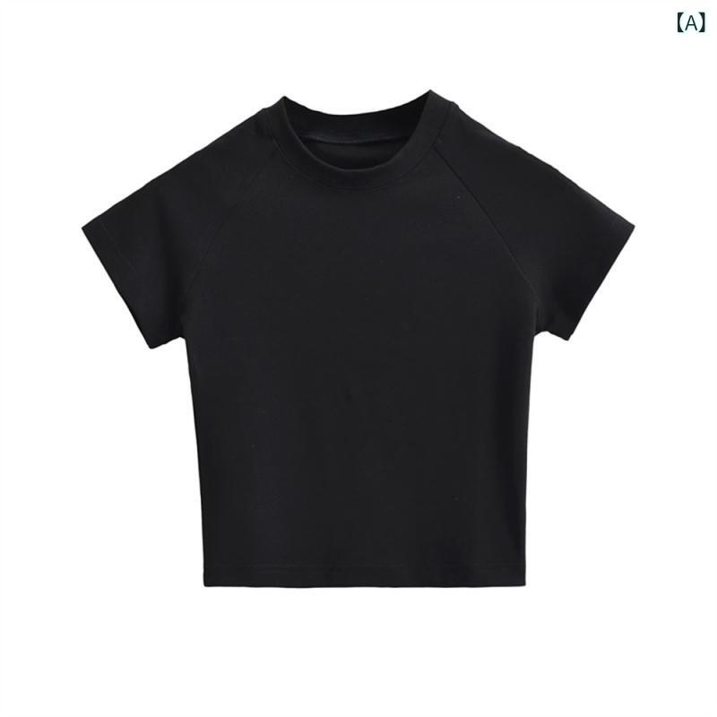 リメイクバディーのTシャツ レディース 半袖 ラグランスリーブ 綿 ラウンドネック へそ出し フィットネス トップス セクシー ショート丈 無地 オールシーズン｜アングル2