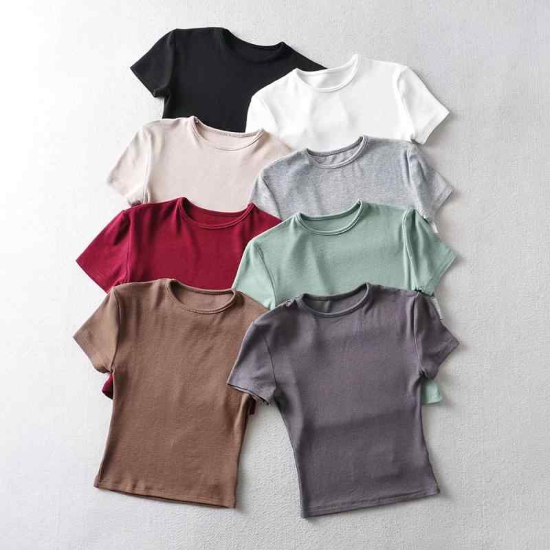 ・カテゴリ: Tシャツ・スタイル: 街頭トレンド、ストリート、セクシー、カジュアル・主な素材: ビスコース繊維 30%以上50%未満・柄: 無地・デザイン: プルオーバー・袖丈: 半袖・袖型: レギュラースリーブ・シルエット: スリムフィット・着丈: ショート丈（約40cm超50cm以下）・ネックライン: クルーネック・流行要素: 切り替え・カラー展開: ブラック、グリーン、カーキ、ホワイト、アプリコット、ダークグレー、ライトグレー、ワインレッド、ダークパープル・サイズ展開: S、M・シチュエーション: 日常・柔らかさ: 柔らかめ
