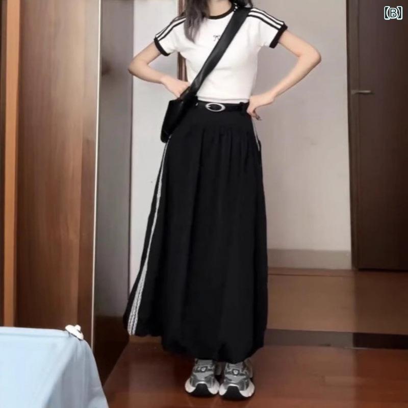 セットアップ レディース 半袖 Tシャツ ボーダー柄 白 Aラインスカート 花苞スカー...
