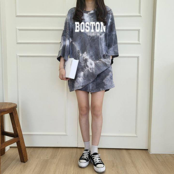 ・カテゴリ: 休闲套装・スタイル: カジュアル、日韓カジュアル、快適カジュアル・主な素材: 綿30%〜50%（不含）・袖丈: 五分袖・袖型: 常規袖・パンツ丈: 五分丈・デザイン: アルファベット/数字/文字、3D/立体パターン、絞り染め・セット内容: パンツスーツ・性別: レディース・カラー展開: ブルー、グレー、グリーン・サイズ展開: M、L、XL、XXL、XXXL