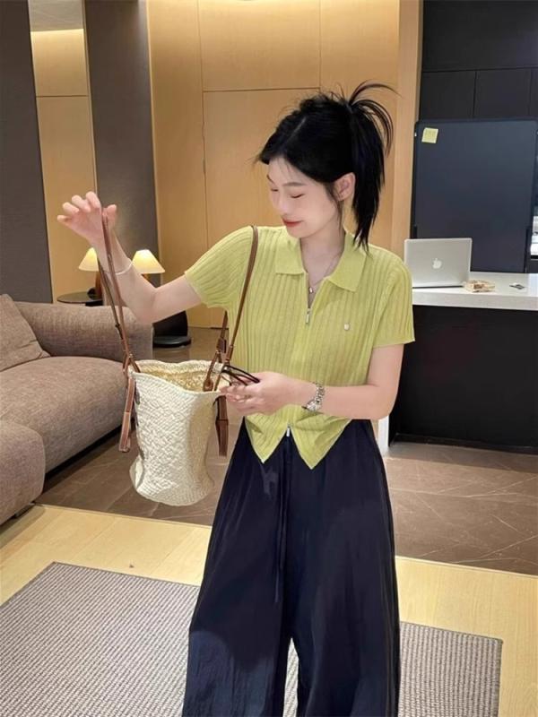 Rakuten - Tシャツ レディース 春夏 半袖 接触冷感 ポロシャツ カットソー トップス プルオーバー 襟付き ジッパー付き 無地 ショート丈 タイト スリム 細見え オフィス カジュアル 通勤 通学 黄色 白 黒