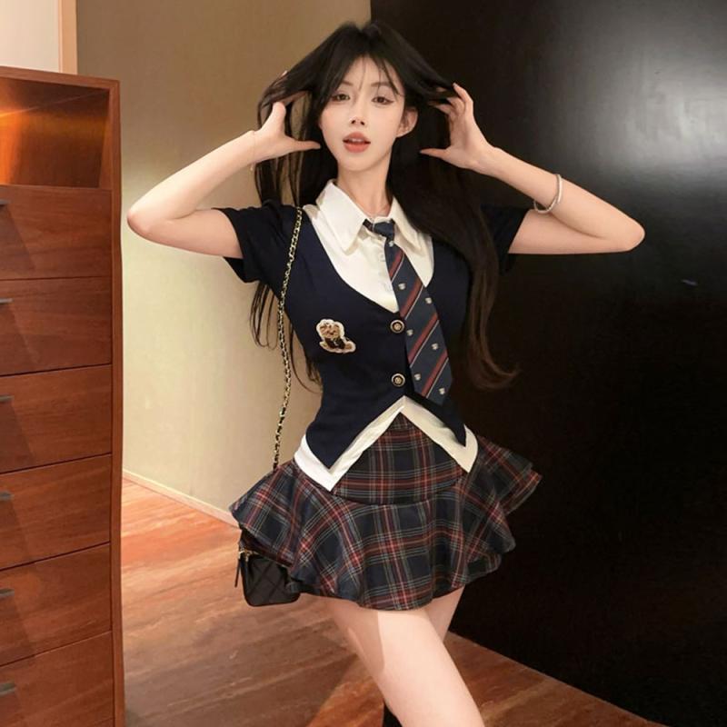 セットアップ レディース スカート JK 制服 学院風 POLO 襟 フェイクレイヤード 重...