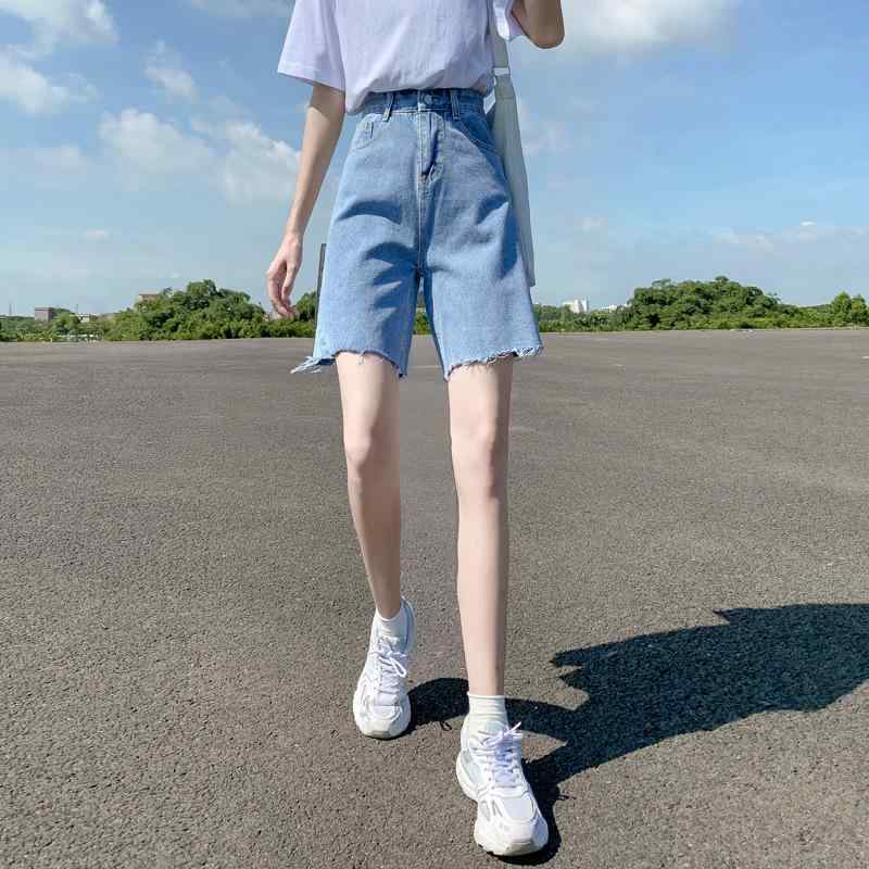 乐天商城 - ハーフパンツ レディース デニム ショートパンツ 短パン 五分丈 膝丈 ボトムス ジーパン ジーンズ 闊歩パンツ ワイド ゆったり 伸縮性 ストレッチ ハイウエスト ダメージ クラッシュ ウォッシュ加工 通勤 通学 カジュアル 普段使い 浅青 ライトブル
