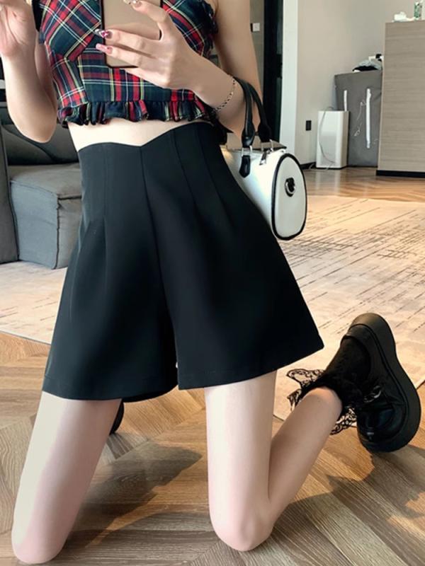 Rakuten - ショートパンツ レディース 春 夏 秋 冬 オールシーズン ハーフパンツ 短パン 半ズボン ボトムス 高腰 ハイウエスト 着痩せ 美脚効果 ワイドパンツ Aライン ゆるカジ 事務服 スラックス リクルート 通勤 ビジネス フォーマル 冠婚葬祭 黒 カーキ