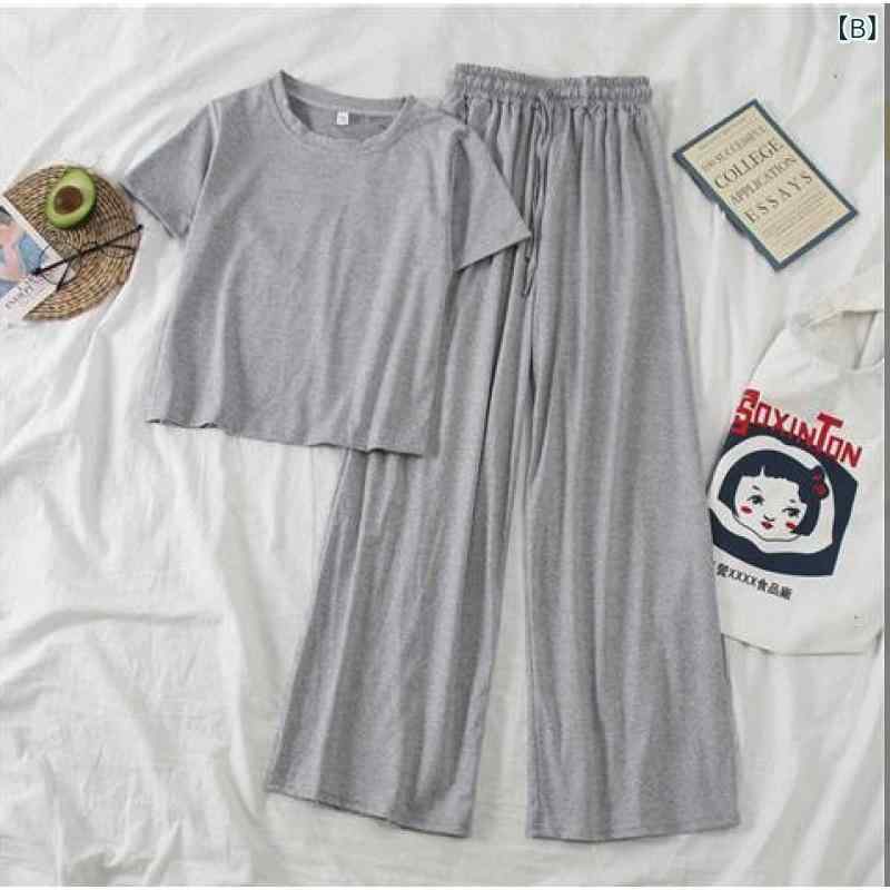 リメイクバディーのセットアップ レディース サマーニット カットソー Tシャツ 半袖 クルーネック ワイドパンツ ガウチョパンツ ロングパンツ 長ズボン 2点セット 上下セット 再生繊維 ゆったり 体型カバー 脚長効果 着痩せ 通勤 普段使い 部屋着 ルームウェア カジュ｜アングル2