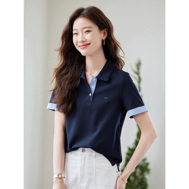 樂天商城 - Tシャツ レディース 半袖 カットソー トップス ポロシャツ 襟付き 切り替え ストライプ プルオーバー 刺繍 ボタン 飾りステッチ ポリエステル ブルー カジュアル 通勤 通学 普段使い オフィス きれいめ 上品 涼しい 薄手 春夏