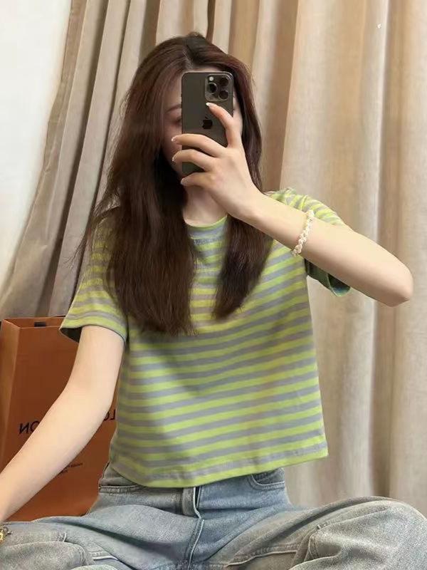 Tシャツ レディース カットソー トップス 半袖 丸首 ラウンドネック ボーダー柄 クルーネック ショート丈 ショートトップス ハイウエスト 細見え 着痩せ ゆったり カジュアル ストリート グリーン スパンデックス ポリエステル 春夏