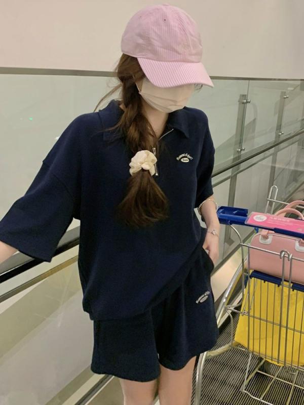 セットアップ レディース 半袖 トップス ポロシャツ ショートパンツ ハーフパンツ 2点セット 上下セット スポーツウェア 運動着 部屋着 ルームウェア 切り替え ポリエステル 無地 灰色 紺 カジュアル リラックス