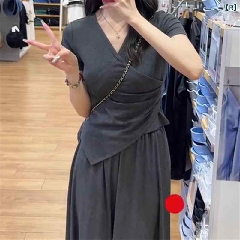 セットアップ レディース 春夏 半袖 トップス 不規則 襟 変形 ギャザー シャーリン...