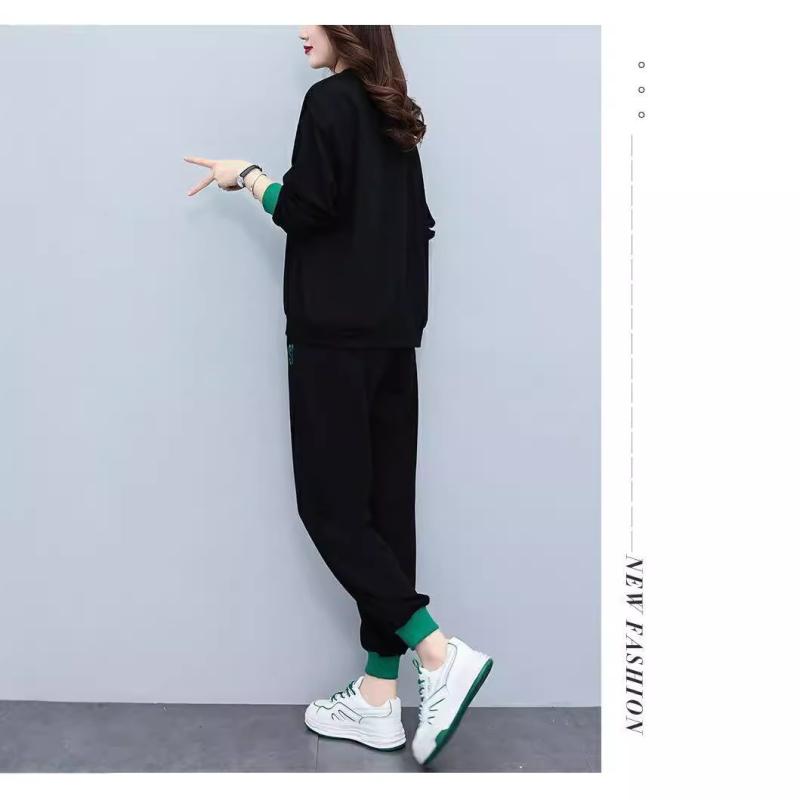 セットアップ レディース 秋 秋冬 長袖 スウェット トレーナー ロングパンツ 長ズボン 2点セット 上下セット スポーツウェア 運動着 部屋着 ルームウェア 普段使い カジュアル ポケット付き プリント ポリエステル ブラック 大きいサイズ ゆったり