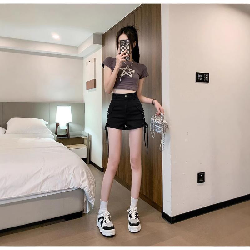 樂天商城 - デニムショートパンツ レディース 黒 高腰 ハイウエスト タイト スリム スッキリ ドローストリング ドローコード ミニ丈 Aライン 美脚 細見え 着痩せ デニムパンツ ジーンズ ジーパン 伸縮性 薄手 短パン