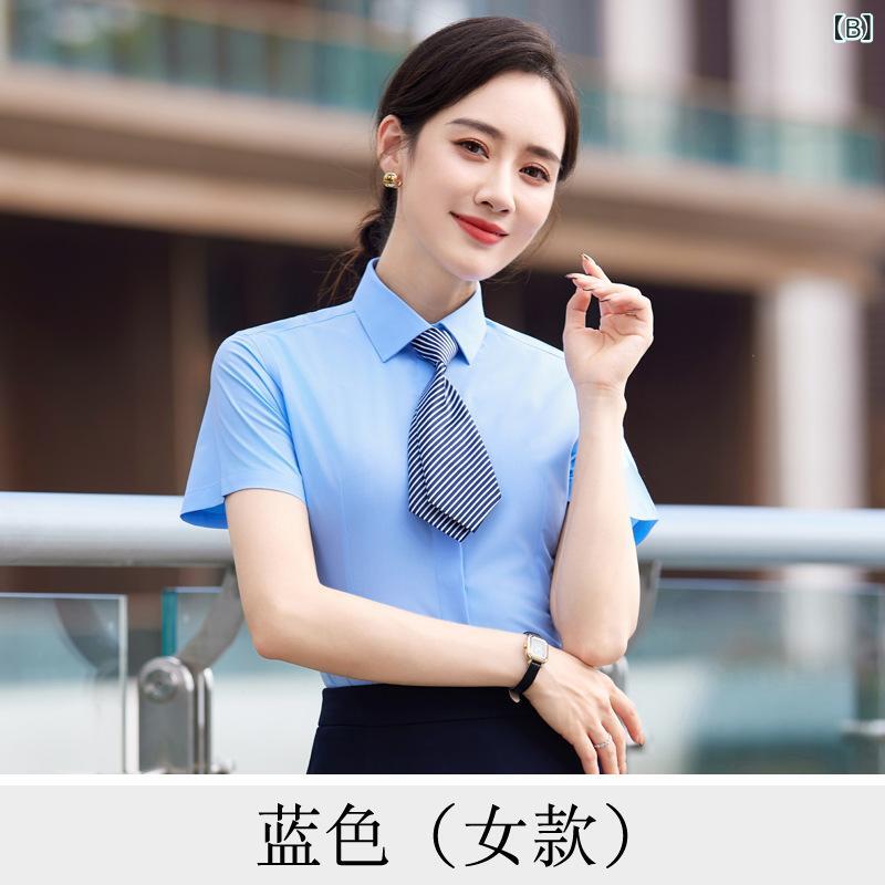シャツ メンズ レディース 半袖 ワイシャツ 襟付き トップス 形態安定 事務服 通勤 仕事用 オフィス ビジネス リクルート 就職活動 面接 冠婚葬祭 フォーマル シンプル 白 青 灰色 ポリエステル 伸縮性 薄手 オールシーズン remake-buddy-10617071 リメイクバディー サンプル画像3