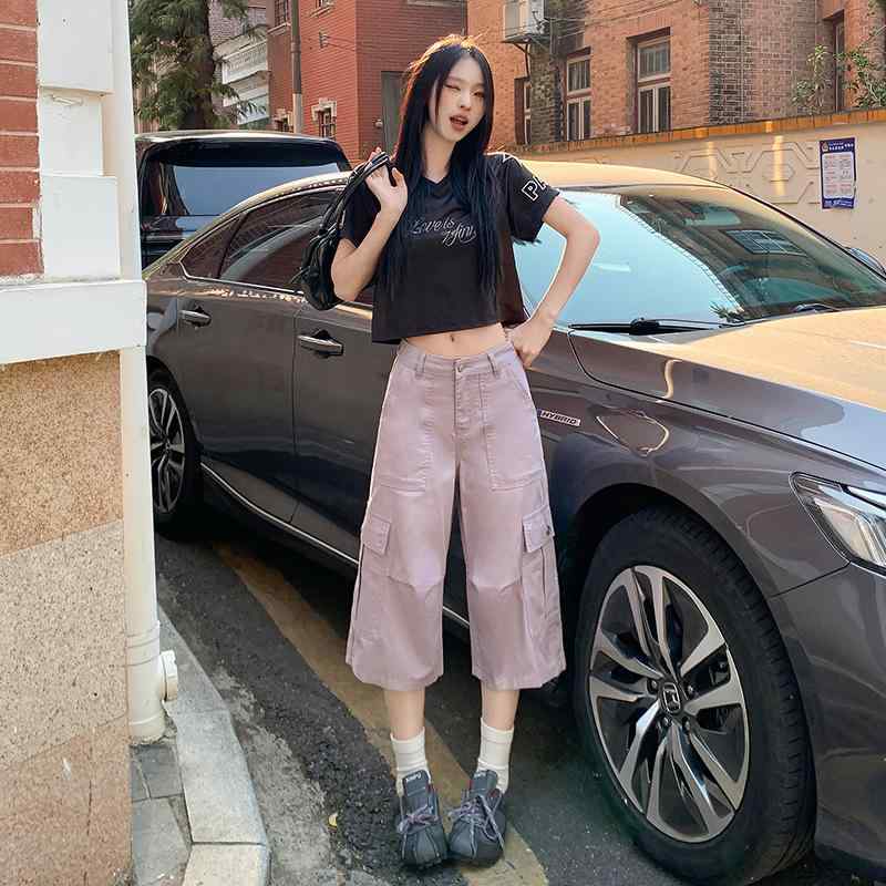 ・カテゴリ: カジュアルパンツ・主な素材: デニム、綿・パンツの形状: ワイドパンツ・パンツ丈: クロップドパンツ（七分丈）・厚さ: 薄手・カラー展開: サンドホワイト七分丈、ライトパープル七分丈・サイズ展開: XS、S、M、L、XL・スタイル: お姉系、コンサバ