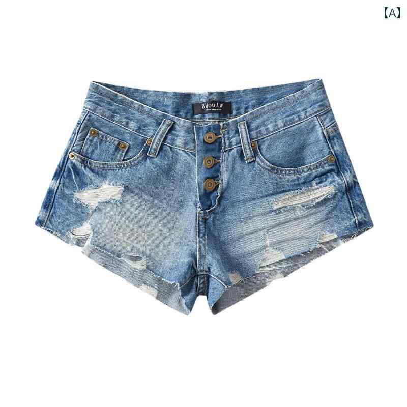 ショートパンツ レディース デニム ジーンズ デニムパンツ 短パン ホットパンツ ローライズ ダメージ加工 フリンジ ヴィンテージ風 ストレッチ 伸縮性 スリム 細見え 美脚 カジュアル ストリート ボトムス ブルー