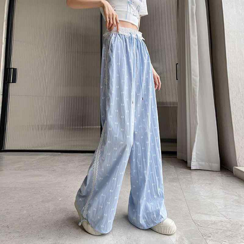 ・スタイル: ルーズストレートパンツ・パンツ丈: 長ズボン・ウエスト: ハイウエスト・厚さ: 薄手・デザイン: レース、パッチワーク・カラー展開: ピンク、ブルー・サイズ展開: M、L、XL・雰囲気: 韓国カジュアル・性別: レディース・カテゴリ: カジュアルパンツ