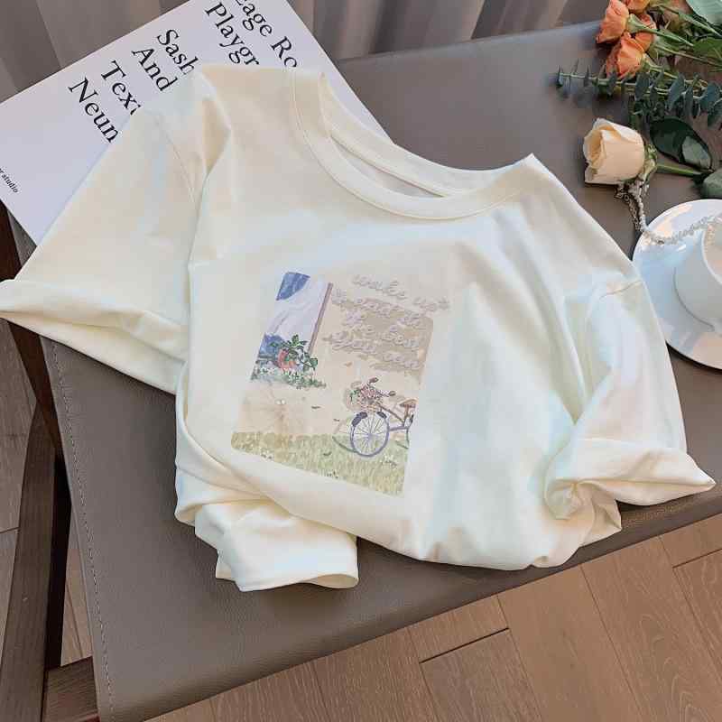 樂天商城 - Tシャツ レディース 半袖 トップス カットソー プルオーバー 丸首 ラウンドネック 綿 コットン 杏 米杏 奶白 アイボリー ゆったり ルーズ カジュアル 油画風 絵画プリント アニマル 動物柄 ロゴ 英字 普段使い 通学 通勤用 春夏