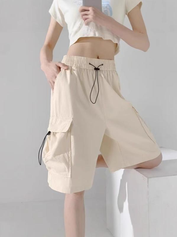Rakuten - ハーフパンツ レディース ショートパンツ 短パン 五分丈 ワークパンツ カーゴパンツ ボトムス ハイウエスト 美脚 着痩せ 細見え 涼しい 薄手 ポリエステル 無地 ポケット付き カジュアル ストリート ブラック ピンク カーキ