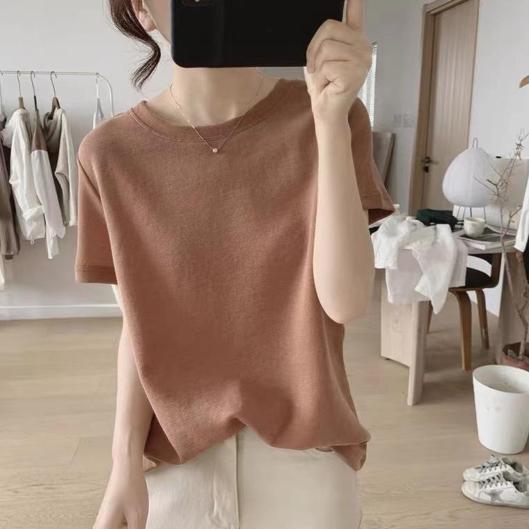 樂天商城 - Tシャツ カットソー レディース トップス 半袖 丸首 クルーネック プルオーバー 無地 コットン 綿 薄手 軽量 伸縮性 ゆったり 体型カバー 着痩せ インナーシャツ カジュアル チャイナ風 レトロ 普段使い 日常 部屋着 ブラック グリーン グレー