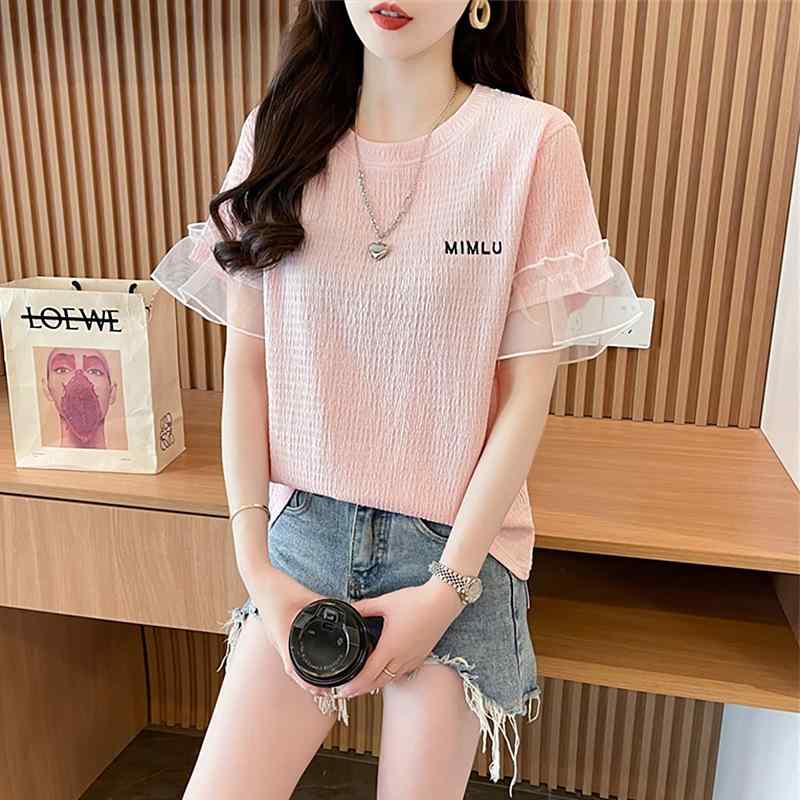 Tシャツ トップス レディース 春夏 半袖 フリル袖 荷叶袖 クルーネック ラウンドネック プルオーバー ゆったり 刺繡 切り替え レース ..