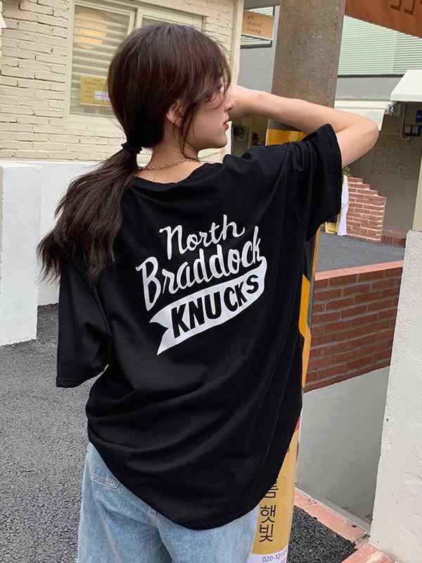 Tシャツ レディース 半袖 トップス カットソー プルオーバー 丸首 クルーネック ミドル丈 ルーズ ゆったり オーバーサイズ ビッグシルエット 大きいサイズ アメリカン レトロ ヴィンテージ風 プリント コットン 綿 カジュアル ブラック ホワイト