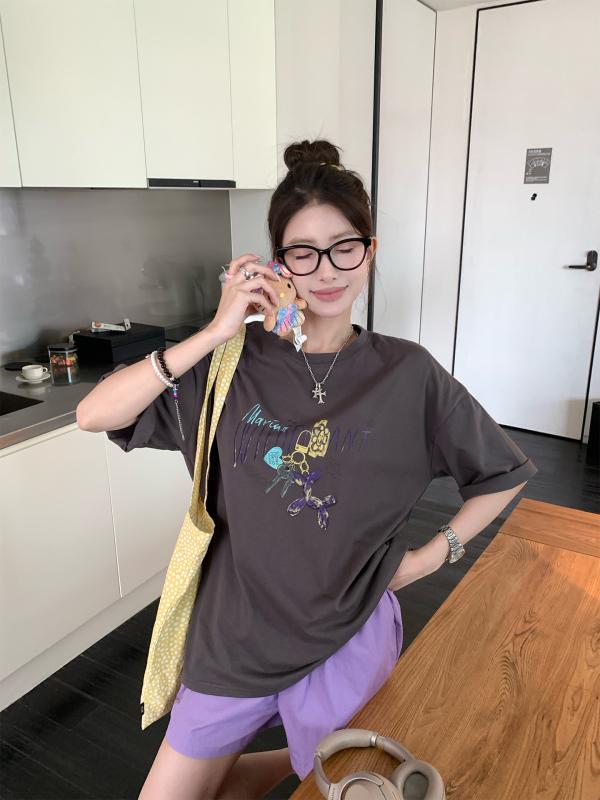 樂天商城 - Tシャツ レディース 半袖 カットソー トップス サマーニット コットン 綿 プルオーバー 丸首 ラウンドネック ロゴ ハート柄 プリント 落肩 ドロップショルダー ゆったり 着痩せ スリム カジュアル 韓国風 通学 通勤 普段使い 部屋着 ココナッツホ