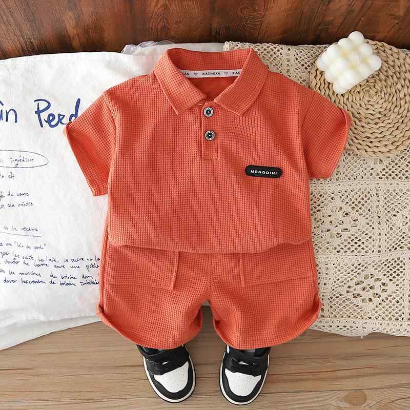Rakuten - セットアップ キッズ 男の子 女の子 半袖 襟付き シャツ ハーフパンツ 短袖 ショートパンツ 2点セット 子供服 トップス ボトムス ワッフル 凹凸 無地 カジュアル 普段使い お出かけ 部屋着 コットン 綿 グレー 橙 青 80-120cm