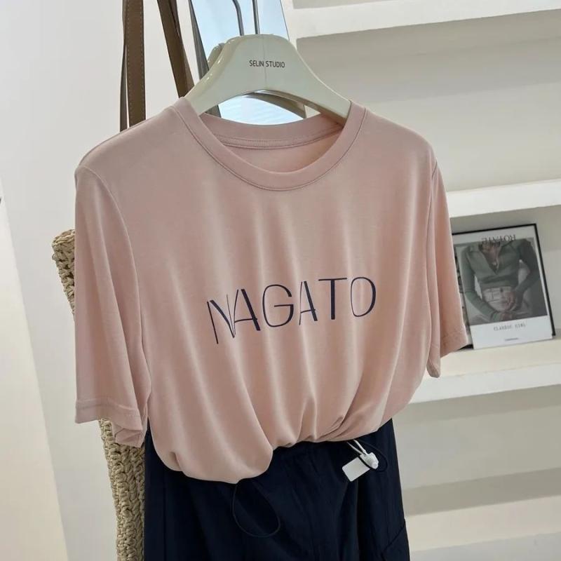乐天商城 - Tシャツ レディース 半袖 トップス カットソー プルオーバー 丸首 クルーネック モダール 伸縮性 柔らか 落ち感 体型カバー 薄手 プリント 英字 カジュアル 日韓風 ホワイト グリーン ピンク 通気性 肌触り