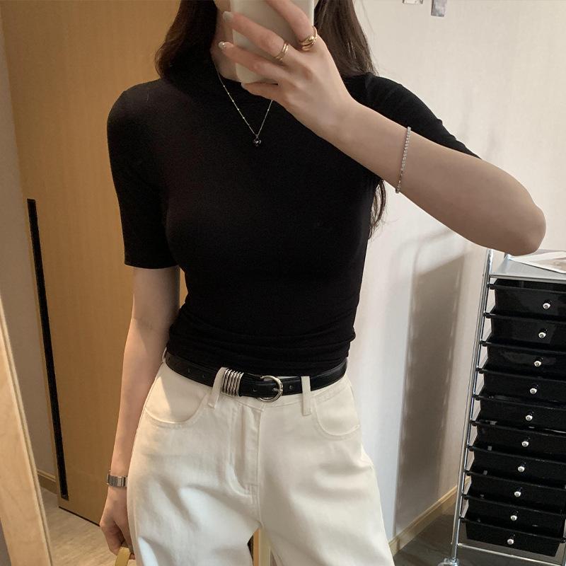 Rakuten - Tシャツ レディース 半袖 長袖 カットソー インナー トップス ビスコース レーヨン 立ち襟 スタンドカラー 水洗加工 無地 スリム タイト 上品 きれいめ オフィス カジュアル 通勤 通学 ホワイト パープル グレー