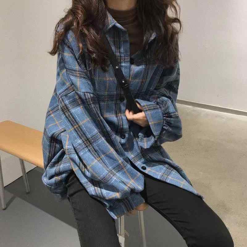 乐天商城 - シャツ レディース 秋冬 長袖 POLO領 チェック柄 格子柄 ネルシャツ トップス アウター 羽織り 上着 レトロ ヴィンテージ風 韓国風 暖か 起毛 羊毛 ウール 混紡 ゆったり 大きめ ビッグシルエット カジュアル 通勤 通学 ブルー カーキ ボタ