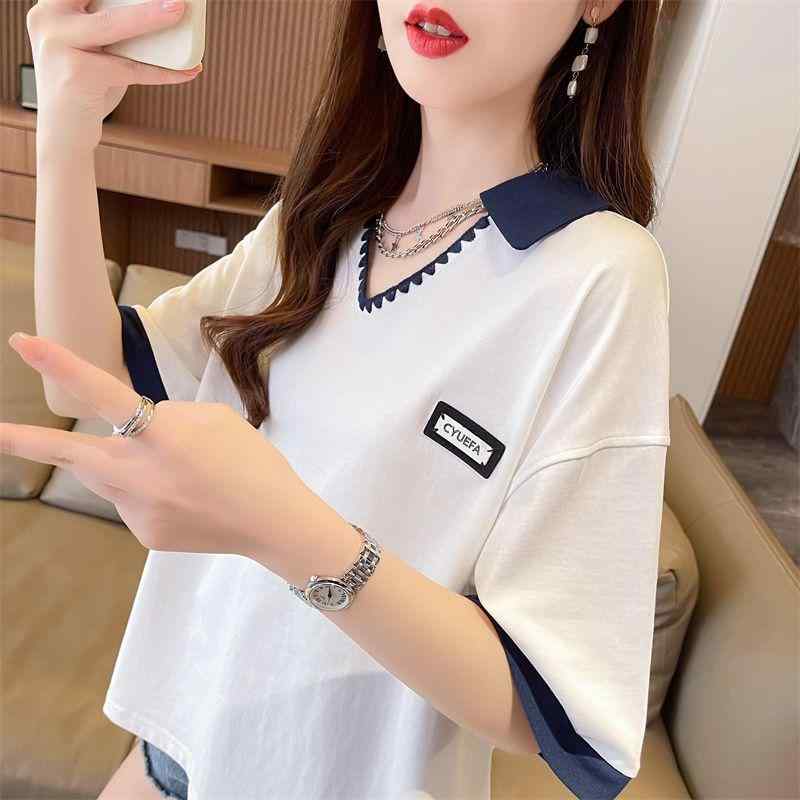 乐天商城 - Tシャツ レディース カットソー 半袖 トップス プルオーバー Vネック 刺しゅう 刺繍 3D 立体 デザイン 快適 通気性 伸縮性 カジュアル ゆったり 大きいサイズ ビッグシルエット 綿 コットン ホワイト ブラック グリーン 夏物