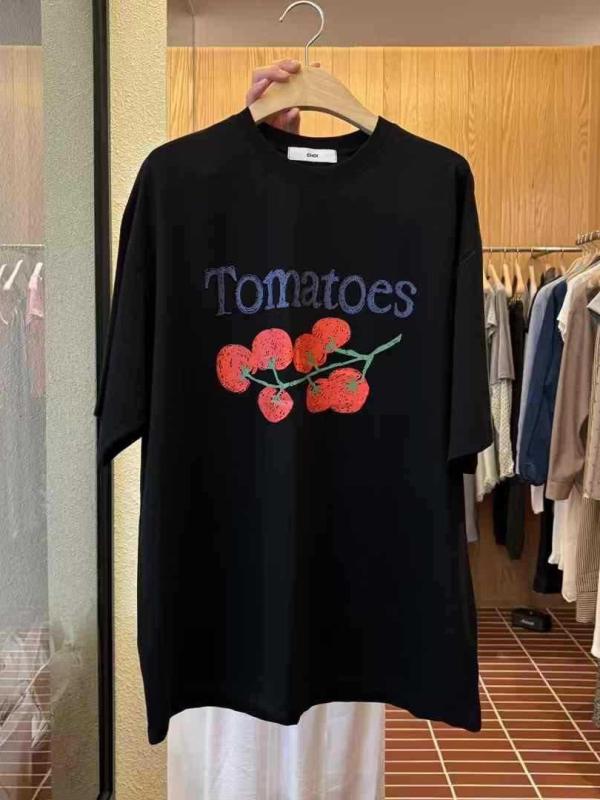 Tシャツ レディース 半袖 トップス カットソー プルオーバー 丸首 ラウンドネック ミニトマト トマト柄 フルーツ 果物 プリント ゆるTシャツ ルーズ ゆったり 大きめ 快適 綿 コットン 日常 普段使い 通学 カジュアル 白 黒