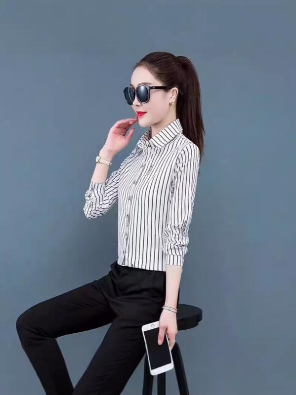 셔츠 레이디스 긴팔 POLO령 탑스 칼라 첨부 캐주얼 오피스 통근 평상시 사용 사무복 전환 테두리 스트라이프 화이트 깊은 파랑 블랙 레드 파랑 옐로우 화이트 블루 블랙 레드 옐로우 폴리우레탄 폴리에스테르 버튼 이너