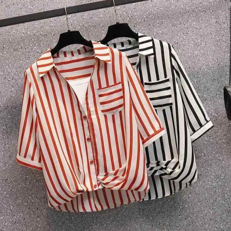 シャツ レディース トップス カットソー シフォン チュニック 半袖 POLO領 ポロネック 襟付き 前開き ボタン レギュラースリーブ ボーダー ストライプ ゆるシルエット ゆったり 体型カバー 着痩せ カジュアル 快適 夏 黒白 赤