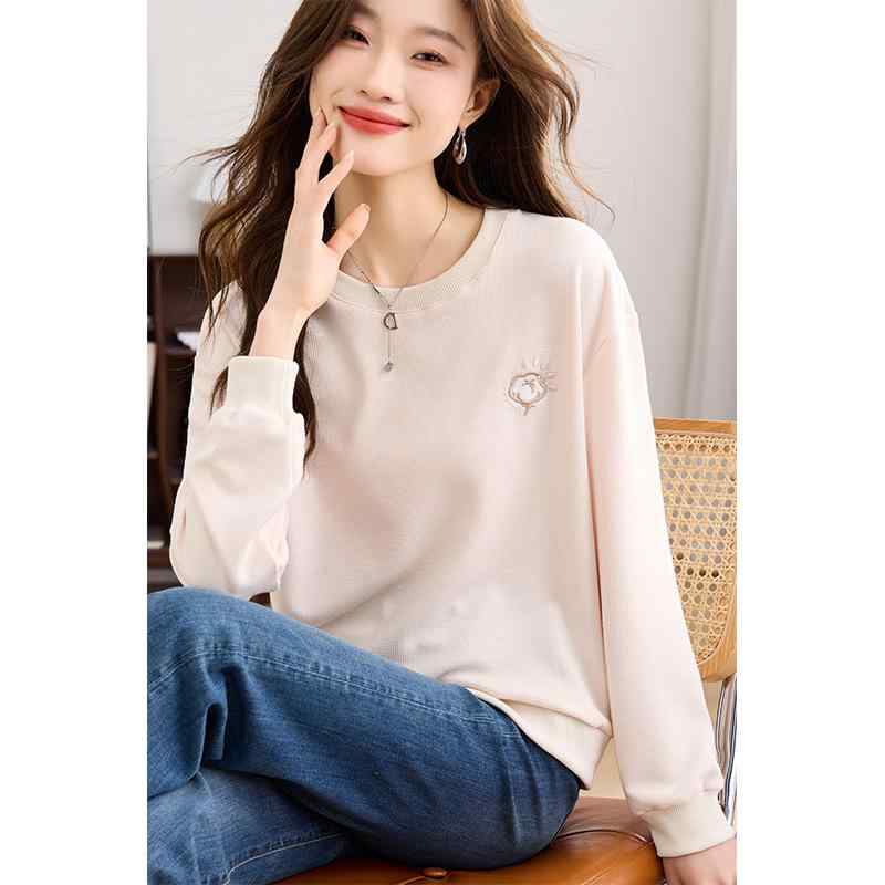 Rakuten - Tシャツ トレーナー プルオーバー トップス レディース 長袖 丸首 クルーネック 華夫格 ワッフル 切り替え 英字 ロゴ プリント コットン 綿 杏 アイボリー ゆったり 伸縮性 カジュアル 日韓風 日常 普段使い 秋冬