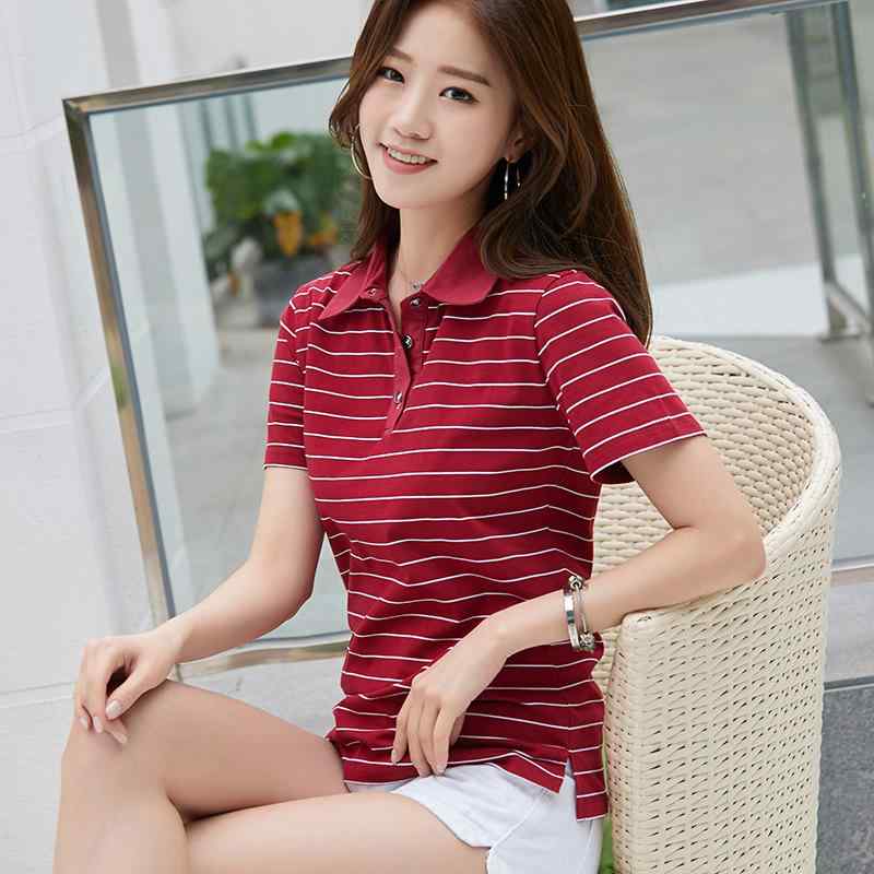 ・カテゴリ: Tシャツ・スタイル: スイート、清新・主な素材: 綿 91%-99%、スパンデックス 10%以下・柄: ボーダー・袖丈: 半袖・シルエット: ルーズ・着丈: ミディアム丈（約50cm-65cm）・ネックライン: ポロカラー・デザイン要素: バイカラー、ボタン、切り替え・カラー展開: ブラック、ホワイト、ライトブルー、ワインレッド・サイズ展開: M、L、XL、XXL、3XL、4XL・対象年齢: 30-34歳