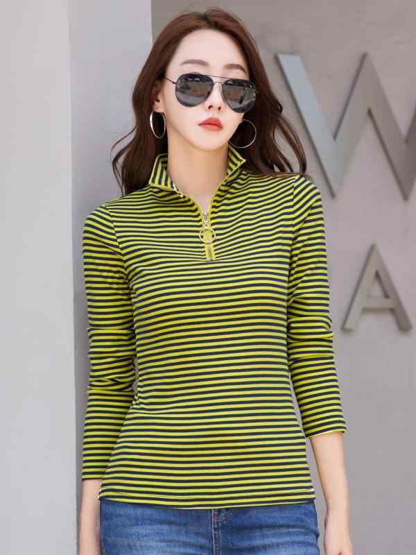 ・カテゴリ: Tシャツ・スタイル: カジュアル・主な素材: 綿90%以上95%未満・ネックライン: スタンドカラー・袖丈: 長袖・柄: 無地・カラー展開: ブラックストライプ、ブルーストライプ、イエローストライプ、コーヒーストライプ、レッドストライプ・サイズ展開: S、M、L、XL、XXL、XXXL