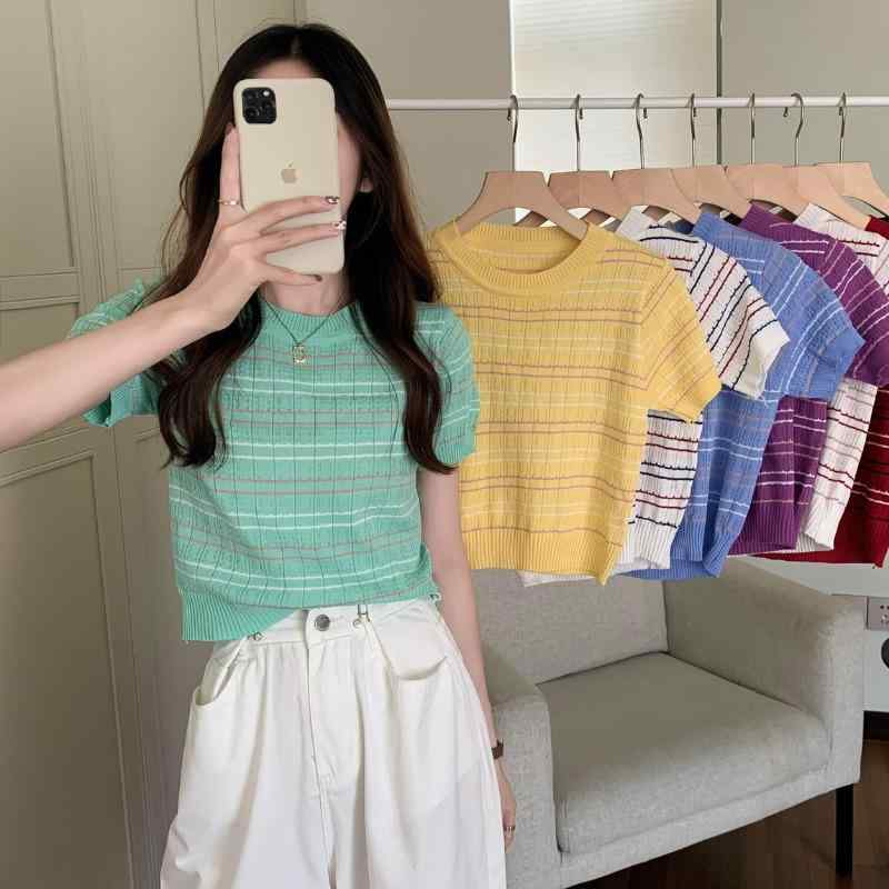 Tシャツ レディース 半袖 ニットソー カットソー サマーニット トップス プルオーバー 薄手 ショート丈 クルーネック 丸首 ボーダー 伸縮性 着痩せ スリム カジュアル 普段使い お出かけ 黄 赤 紫 ポリエステル 春夏 remake-buddy-10622833 リメイクバディー パッケージ画像