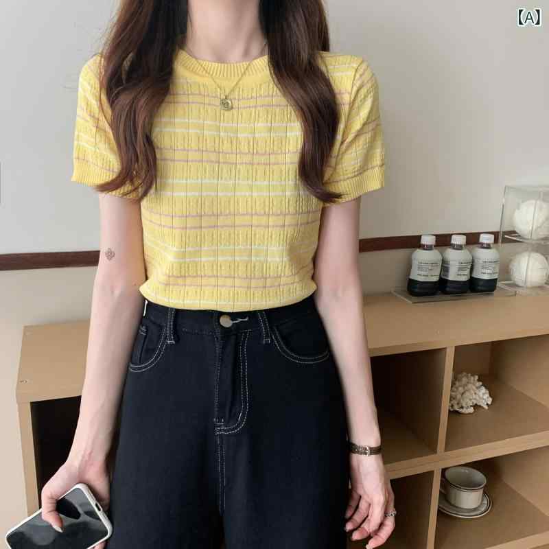 Tシャツ レディース 半袖 ニットソー カットソー サマーニット トップス プルオーバー 薄手 ショート丈 クルーネック 丸首 ボーダー 伸縮性 着痩せ スリム カジュアル 普段使い お出かけ 黄 赤 紫 ポリエステル 春夏 remake-buddy-10622833 リメイクバディー サンプル画像2