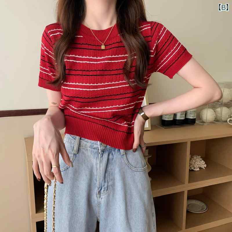 Tシャツ レディース 半袖 ニットソー カットソー サマーニット トップス プルオーバー 薄手 ショート丈 クルーネック 丸首 ボーダー 伸縮性 着痩せ スリム カジュアル 普段使い お出かけ 黄 赤 紫 ポリエステル 春夏 remake-buddy-10622833 リメイクバディー サンプル画像3