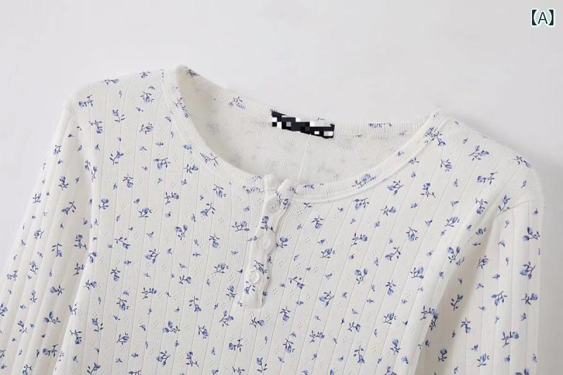 リメイクバディーのTシャツ レディース カットソー トップス 長袖 ロンT 丸首 クルーネック スリム タイト 細見え 伸縮性 ストレッチ 綿 コットン 花柄 小花柄 プリント インナー 下着 カジュアル フェミネンス 清新 甘め ブルー 紫 オレンジ｜アングル2
